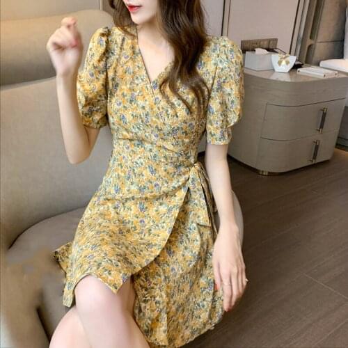 Floral V Neck Ruffle Mini Dress Women Summer Puff Sleeve Flowers Print A-Line Sashes Dress Casual New Arrivals Female Vestidos