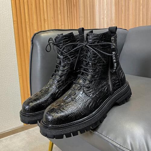 Crocodile High Top Shoes Men Black Martin Boot Platform 2021 Genuine Leather Designer Boots Men Motorcycle Boots zapatos hombre