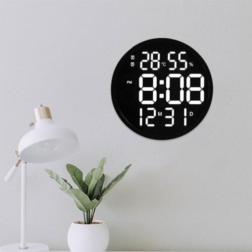 Simple Design Living Room LED Round Wall Clock Digital Display Temperature and Humidity Date Display Alarm Clock Home Bedroom De