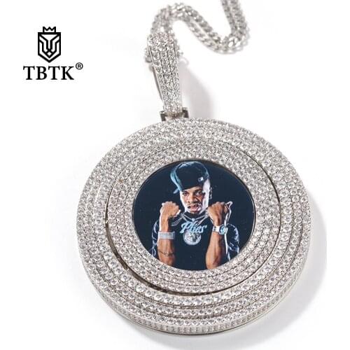 TBTK Hiphop Spinning Photo Pendant Necklace Full Iced Out Cubic Zirconia Custom Memory Chain Engraved Name Hiphop Jewelry