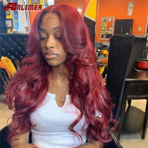 99J T Part Lace Frontal Wig Brazilian Body Wave Lace Front Human Hair Wigs 180 Density Burgundy Red Brazilian Remy Hair Wigs