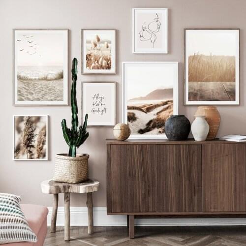 Beach Sand Dunes Reed Grass Birds Abstract Line Canvas Painting Nordic Poster And Prints Wall Art Pictures For Living Room Decor