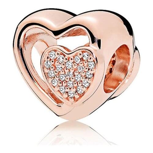 Genuine 925 Sterling Silver Bead Charm Rose Gold Openwork Joined Together Love Heart With Crystal Beads Fit Pan Bracelet