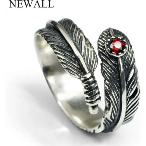 Silver Plated Red Natural Stone Feather Couples Promise Ring Fashion Male Men Finger Jewelry Unique Cz 316L Stainless Steel Ring