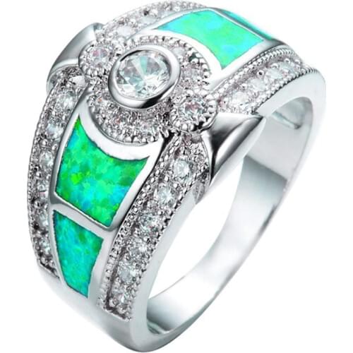 Popular Silver Plated 2 Colors Opalite Opal Geometric Finger Ring with Rhinestone Charm Jewelry