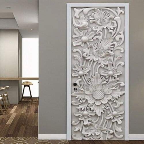 PVC Door Sticker 3D Stereo Relief Plaster Carving Photo Wallpaper Living Room Bedroom Door Poster Self-Adhesive Waterproof Decal