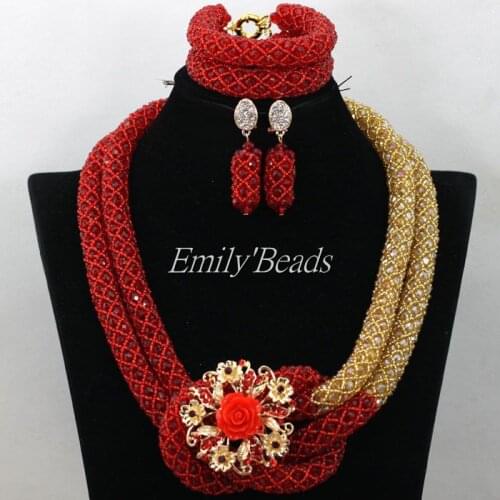 Luxury Red/Champagne Gold African Beaded Jewelry Set Nigerian Wedding Crystal Beads Necklace Set Women Gift Free Shpping AIJ909