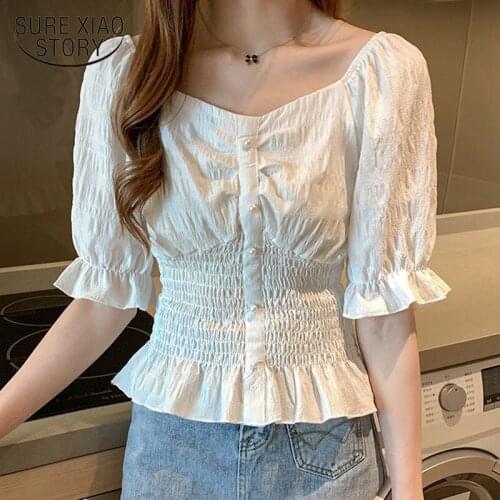 Fashion Beading Lantern Sleeve Womans Shirts Women Blouses Solid Wild Waist Slim Ladies Top Short-Sleeve Chiffon Blouses 9605