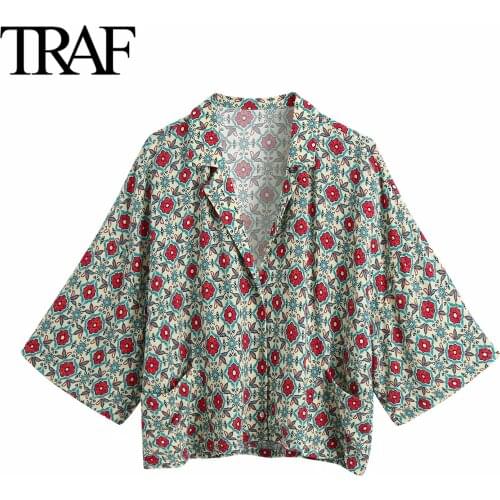 Traf Za Women Clothing Summer 2021 Chic Button Up Shirts Floral Print Vintage Oversized Tops Short Sleeve Blouses