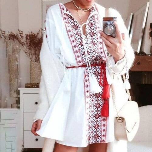 Bohemian Knee-length Skirt Women Ethnic Style Loose 3/4 Sleeve V-neck Mini Dress Streetwear for Outdoor Beach Dress