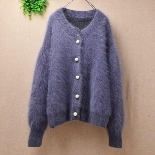 Ladies women fashion short thick fuzzy mink cashmere loose cardigans long lantern sleeves angora rabbit fur knitted winter coat