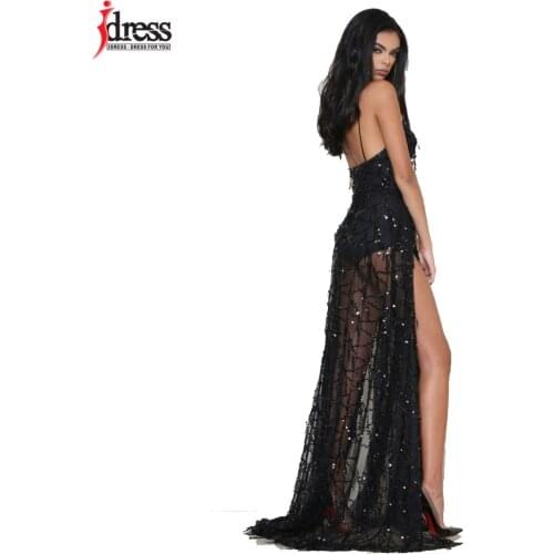 IDress Elegant Women Shining Sequin Tassel Sexy Backless Deep V Neck Spaghetti Strap Bodycon Prom Maxi Long Evening Party Dress