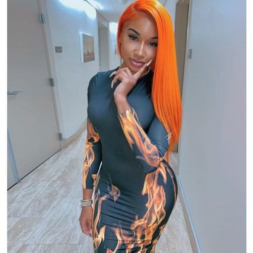 Shestyle Knee Length Fire Print Pencil Dress Women Autumn Winter Chic O Neck Skinny Tight Slim Black 2019 Style Dresses Lady