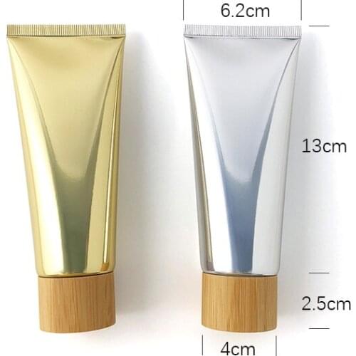 100ML X 50 Gold Silver Empty Hand Cream Hose Aluminum Plastic Tube, Superior Grade Bamboo Screw Lid BB Cream Soft Container