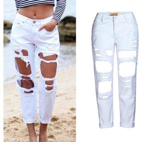 2021 Womens Fashion Hole Ripped Denim Scratched Straight Loose Pants Female Jean Nine Points Panty
