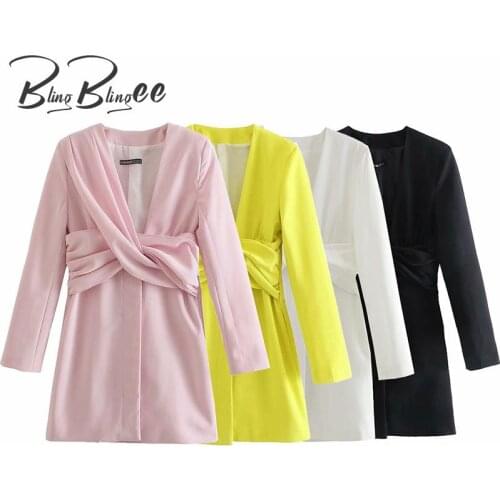 BlingBlingee Summer Autumn Wrist Sleeve Deep V High Waist Women Casual Pencil Mini Dress Folds Twist Front Female Plunge Dress