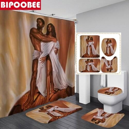 Black African American Lover Bathroom Shower Curtain Afro Couple Bath Curtains Pedestal Non-slip Carpet Toilet Cover Mats Rug