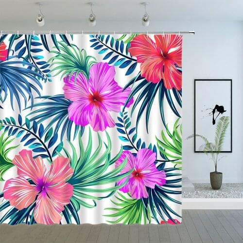 Flower Plants Leaves Shower Curtains Sets Water Color Tropical Plant Leaf Pattern Print Bathroom Polyester Hanging Cloth Decor