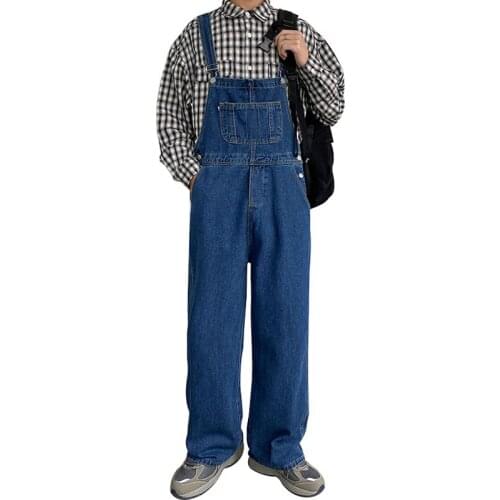 2021 Retro Denim Overalls Men Bib Jeans Jumpsuits Loose Straight Fashion Wide Leg Pants Hip Hop Street Blue Cowboy Trousers