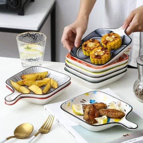 Ceramic Bakeware Pizza Plate Single Handle Square Shape Underglaze Color Porcelain Tableware Support Oven CZY1039