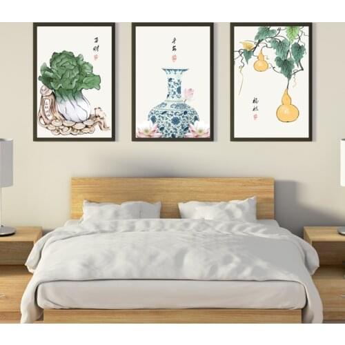 Chinese Traditional Cabbage Gourd Canvas Painting Blue and White Porcelain Pictures for Living Room Bedroom Hanging Wall Art