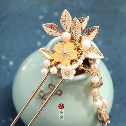 Chinese vintage handmade U pin GOLD pearl hairpin hair sticks accessories Headwear for hanfu kimono COSPLAY 1pc length 16cm