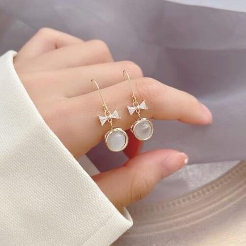 Korean Fashion Sweet Cute Opal Hoop Earrings For Women Girls Summer Exquisite Zircon Bow Hanging Earring Jewelry Party Gift