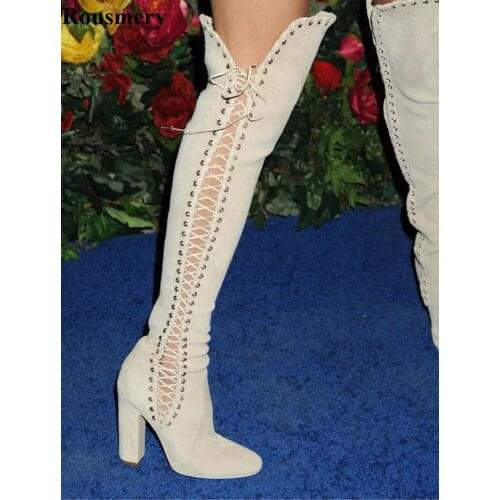 Hot Selling Women Fashion Suede Leather Lace-up Cut-out Thick Heel Over Knee Boots High Heel Long Gladiator Boots