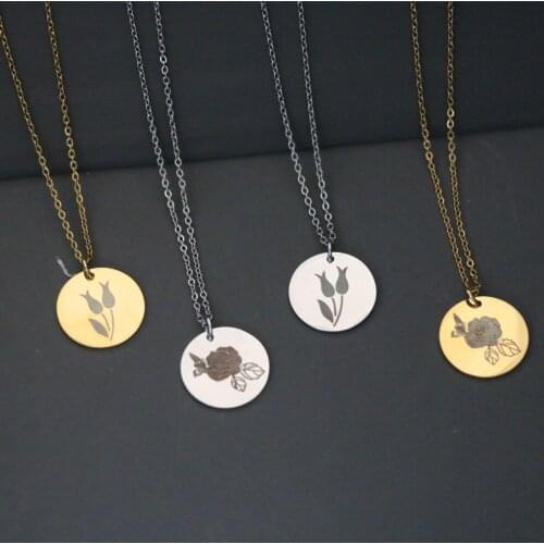 Cute Stainless Steel Glossy Tulip Flower Plant Carved Round Tag Pendant Necklace Women Trendy Gold Color Choker Jewelry Bijoux