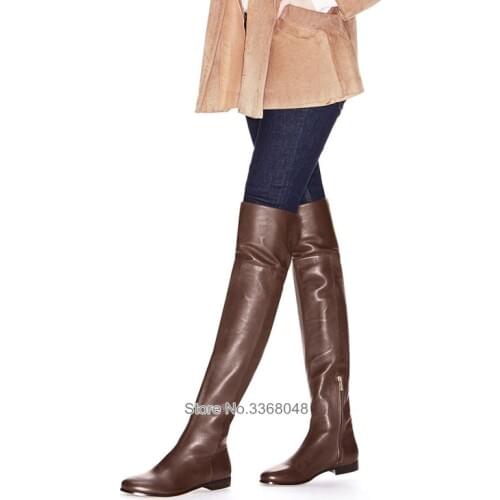 Fashion Low Heels Round Toe Boots Sexy Zipper Over-the-knee Brown Black Long Boots Slim Leg Elegant Autumn Spring Shoes