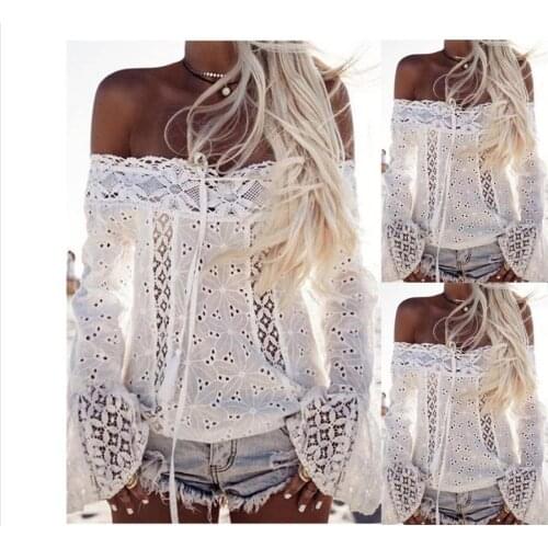 Fashion classic white one shoulder flared sleeve lace top womens off shoulder tassel lace stitching Dress Top