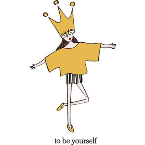 Cartoon confident girl wearing a crown heat transfer vinyl sticker iron heating decoration white T-shirt simple gift for girls