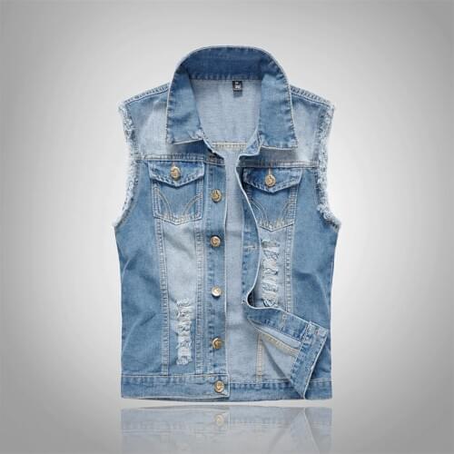 2019 Mens high-grade brand Denim Vest cotton Casual Jacket Sleeveless Waistcoat 80s Jean top Coat Ripped Male Cowboy Jacket