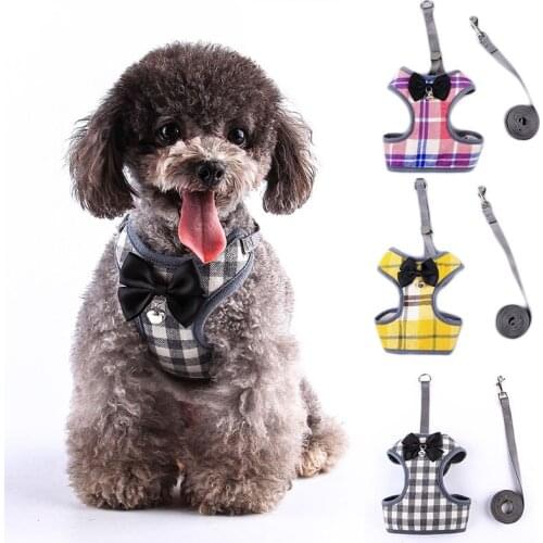 Harness Leash Set for Small Dogs Cat Pet Accessories Plaid Vest Bow Tie Dog Harness Walk Lead Leashes Pet Product Dropshipping