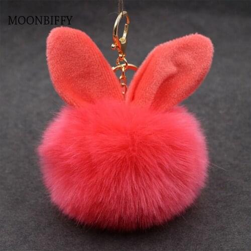 Fluffy Faux Rabbit Ear Fur Ball Key Chain Holder Pompom Artificial Rabbit Fur Keychain Women Car HandBag Keyring