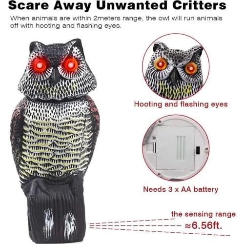 Yard Bird Scarer Owl Realistic 360 Degree Rotating Bird Repulsive Fake Owl Decoy Bird Scare Sound And Shadow Control Outdoor