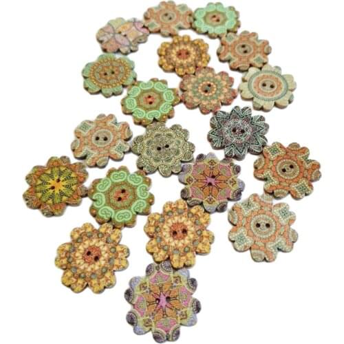 50pcs 20/25mm Vintage Baroque Flower Picture Wood Button 2 Holes Mixed Color DIY Apparel Sewing DIY Fabric Parts