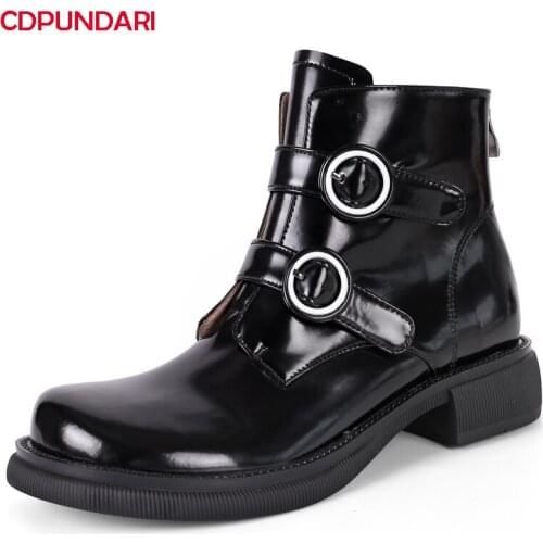 Ladies Black Genuine Leather Low Heels Platform Ankle Boots For Women Autumn Winter Belt Buckle Punk Short Boots Casual Shoes