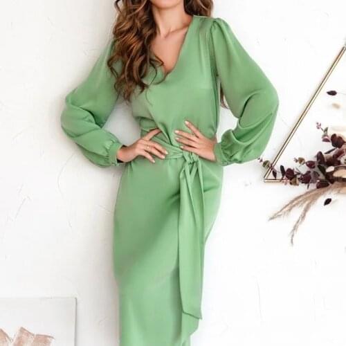 Women Elegant A Line Sashes Midi Dress Sexy V-neck Lantern Sleeve Solid Vintage Party Dress 2020 Autumn Office Lady Women Dress