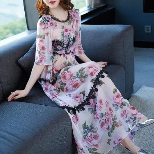2020 New Summer Women Patchwork Lace Floral Print Dress Female Pleated Slim Big Swing O-Neck Dresses Vestidos Plus Size 4xl S112
