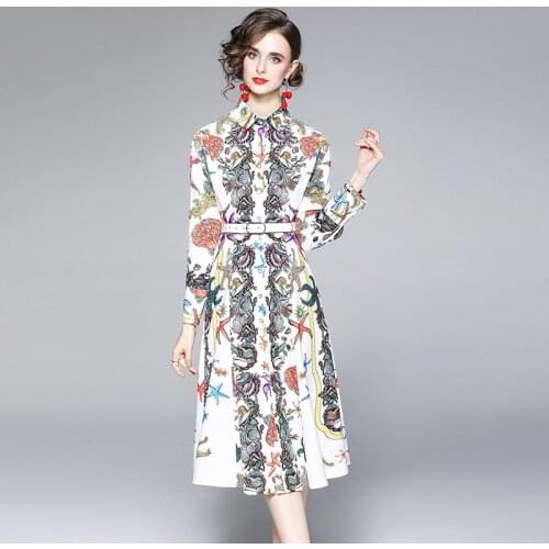 Women Shell Starfish Print Shirt Dress 2021 Autumn Designer Runway Long Sleeve Single Breasted Vintage Midi Dress k1201