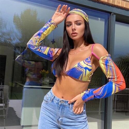 2021 Fashion Tie Dye Print Long Sleeve Crop Top Sexy V Neck Tank Tops Blouse Short Shirt Summer Backless T-Shirts Streetwear