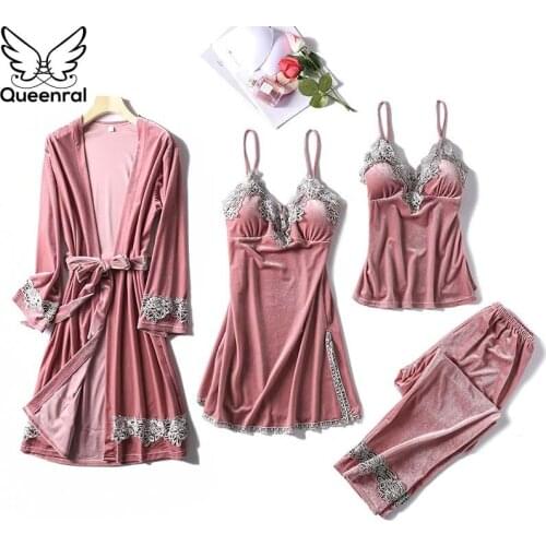 Queenral 4PCS Pajamas Sets For Women Gold Velvet Warm Winter Pyjama Femme V-Neck Sexy Sleepwear Lingerie Sleeveless Nightwear