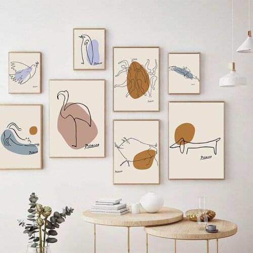 Abstract Line Cat Dog Bunny Dove Flamingo Wall Art Canvas Painting Nordic Posters And Prints Wall Pictures For Living Room Decor