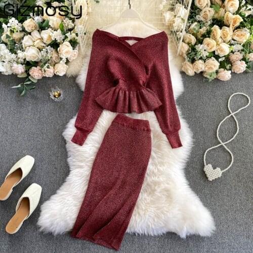 Gizmosy Autumn Women Shiny Knitting Skirts Sets Lurex Ruffles Long Sleeves Wool Warm Spring Sweater knitted Two Pieces Set Women