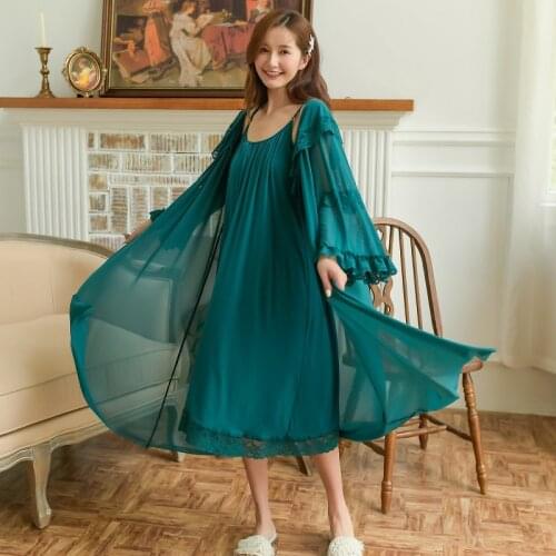 Vintage Classic Modal 2 Pieces Womens Long Robe Sets Princess Lace Sexy Solid Color Nighty Autumn Spring Comfortable Sleepwear