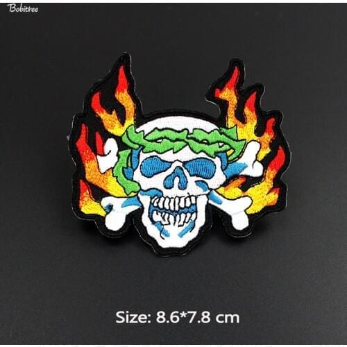 Cool Skull Flame Patches Fabric Punk Badges Iron on Embroidered Stickers Applique for Clothes Jacket Decoration