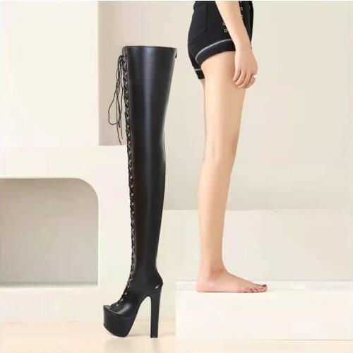MKKHOU Fashion Over-The-Knee Boots Womens Sense Fish Mouth Cross Straps Thick-Soled Super High-Heeled Leather Boots Large Size
