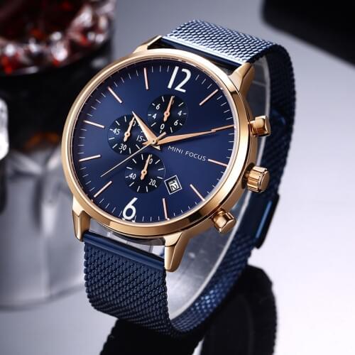 MINI FOCUS Mens Stainless Steel Mesh Strap Quartz Watches chronograph Waterproof Wristwatch Man Relogios Clock 0185G Blue rose
