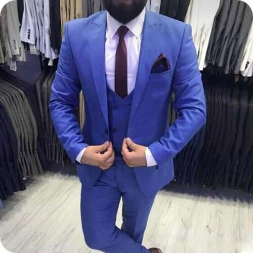 New Arrival One Button Blue Groom Tuxedos Groomsmen Peak Lapel Mens Suits Blazers (Jacket+Pants+Vest+Tie) W:1073